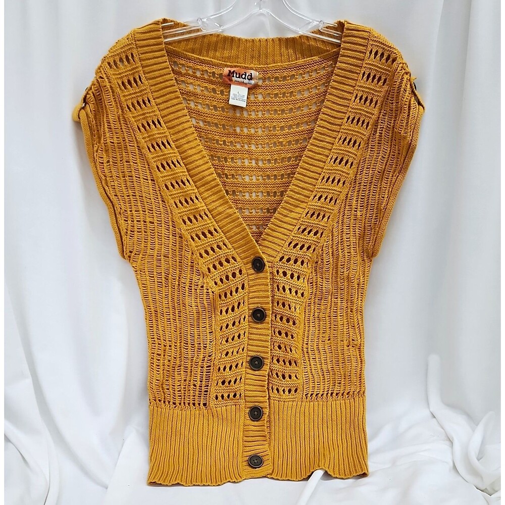 Mudd  Mustard Yellow Cotton Open Knit V-Neck Button Front Cardigan Sweater Sz L